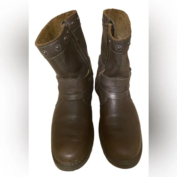 Harley Davidson Mandy Brown Black Leather Biker Slate Buckle Ankle Boots 6W - Picture 8 of 13